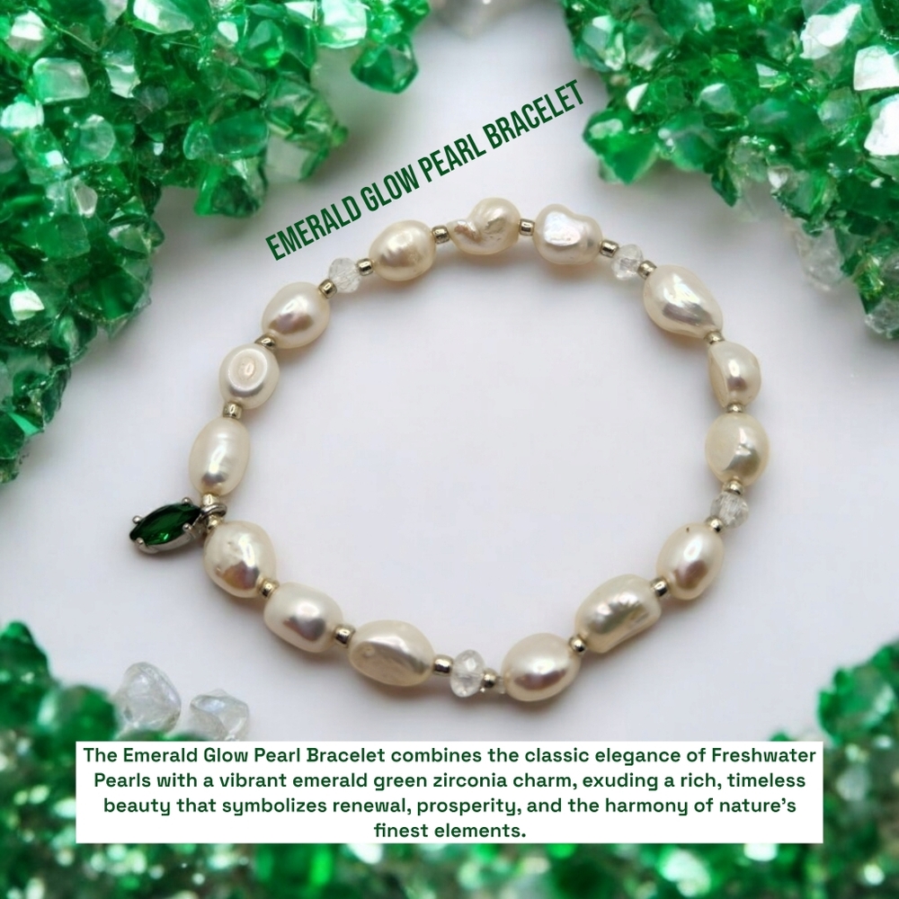 Freshwater Pearl Bracelet with Emerald green 💚 Zirconia charm